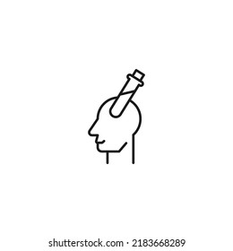 Hobbies, thought and ideas concept. Vector sign drawn in flat style. Editable stroke. Line icon of laboratory bulb over head of man 