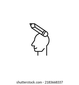Hobbies, thought and ideas concept. Vector sign drawn in flat style. Editable stroke. Line icon of pencil over head of man 