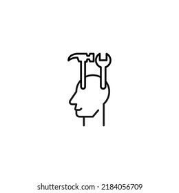 Hobbies, thought and ideas concept. Vector sign drawn in flat style. Editable stroke. Line icon of hammer and screwdriver over head of man 
