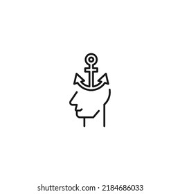 Hobbies, thought and ideas concept. Vector sign drawn in flat style. Editable stroke. Line icon of anchor over head of man 