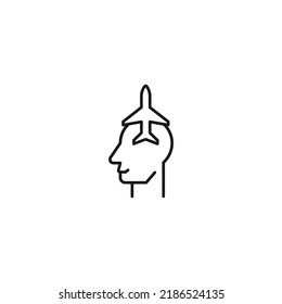 Hobbies, thought and ideas concept. Vector sign drawn in flat style. Editable stroke. Line icon of flying plane over head of man 