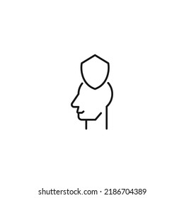 Hobbies, thought and ideas concept. Vector sign drawn in flat style. Editable stroke. Line icon of armor over head of man 