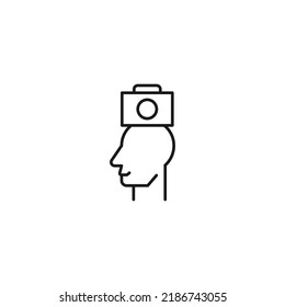 Hobbies, thought and ideas concept. Vector sign drawn in flat style. Editable stroke. Line icon of photo camera over head of man 