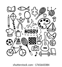 Hobbies. Vector doodle set with many elements.