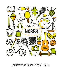 Hobbies. Vector doodle set with many elements.