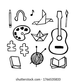 Hobbys. Vektordoodle-Set mit vielen Elementen.
