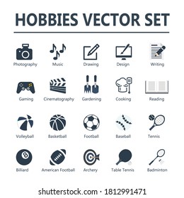 Hobbies vector icon set. Navy icon isolated on white background.