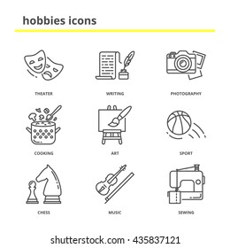 Hobbies vector icons set: theater, writing, photography, cooking, art, sport, chess, music, sewing. Line style, education concept