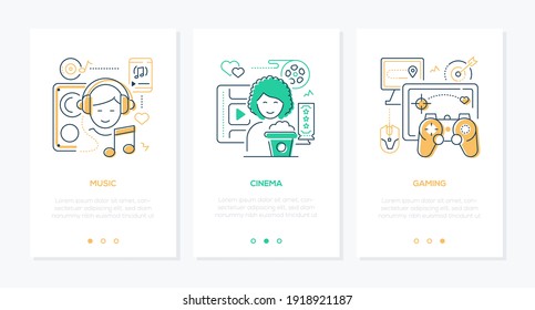 Hobbies - vector line design style web banners with copy space for text. Music, cinema, gaming illustrations. People listening to audio in earphones, watching movies with popcorn, playing with gamepad