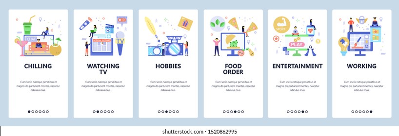 Hobbies web site and mobile app onboarding screens. Menu banner vector template for website and application development. Flat style design.