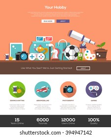 Hobbies Website Template With Modern Flat Design Banner, Header, Icons And Other Web Vector Elements