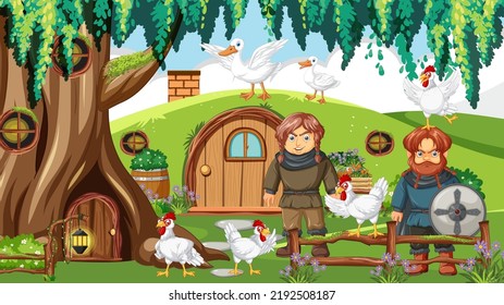 Hobbit cartoon scene with animals illustration