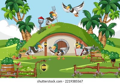 Hobbit house with duck family illustration