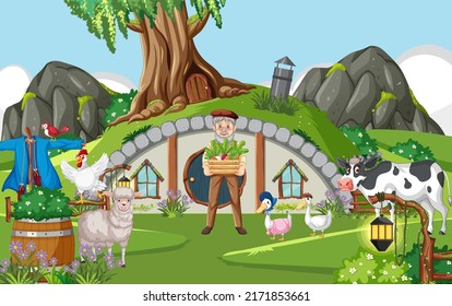 Hobbit house with farm animals illustration svg