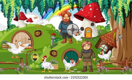 Hobbit house with farm animals illustration svg