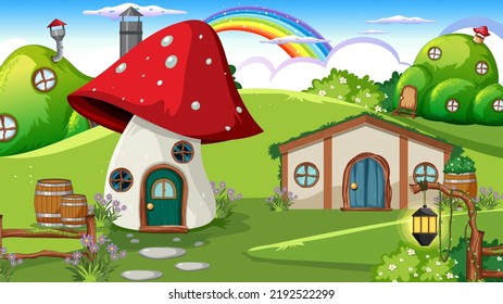 Hobbit house in the forest illustration