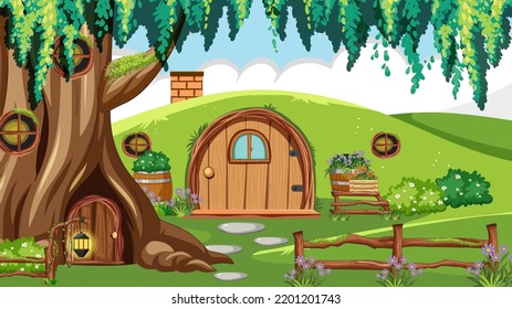 Hobbit house in the forest illustration