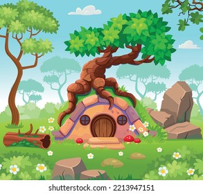 Hobbit house with old branchy tree in the forest. Fairy dwelling with round wooden door and windows, flowers and  mushrooms. 