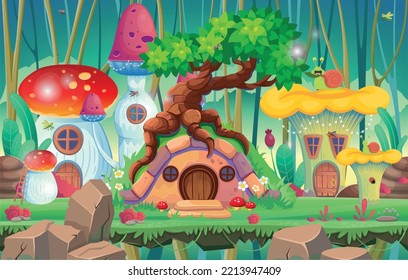 Hobbit house with old branchy tree in the forest and house mushrooms. Fairy dwelling with round wooden door and windows, flowers and  mushrooms. Background with magical houses for games. Forest.   svg