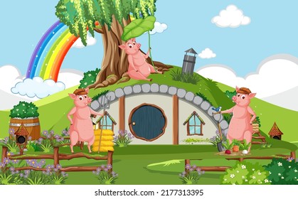 Hobbit house with pig family illustration svg