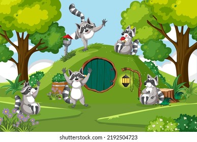 Hobbit house with raccoon family illustration