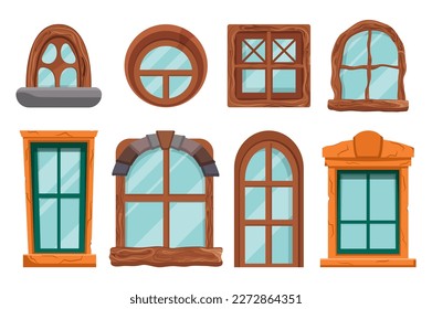 Hobbit house windows set concept without people scene in the flat cartoon design. Images of windows from Hobbit cartoons. Vector illustration. svg