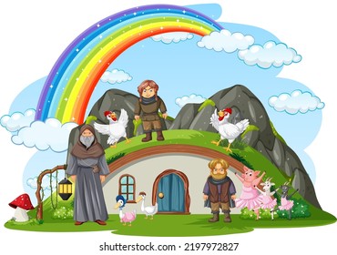 Hobbit and wizard at the countryside illustration