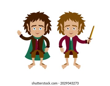 Hobbits Bilbo and Frodo Baggins, Fictional characters icon set vector. Two cute hobbits icon isolated on a white background. Bilbo and Frodo cartoon character svg