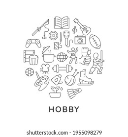 Hobby abstract linear concept layout with headline. Spending time. Pastime minimalistic idea. Recreation and entertainment thin line graphic drawings. Isolated vector contour icons for background