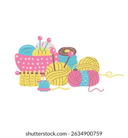 Accesorios de hobby tejiendo Ilustración vectorial sobre fondo blanco.