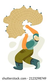 Hobby And Active Lifestyle, Man Wearing Wellingtons And Protective Suit Throwing Fishnet For Catching Fish In River Or Sea. Worker In Fishery Industry With Net Equipment. Vector In Flat Style