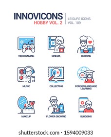 Hobby and activities - line design style icons set. Education and leisure idea. Video gaming, cinema, cooking, music, collecting, foreign language learning, makeup, flower growing, blogging images