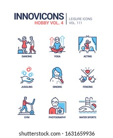 Hobby and activities - line design style icons set. Leisure, education and entertainment. Dancing, yoga and meditation, acting, juggling, singing, fencing, gym, photography, water sports images