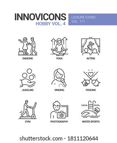 Hobby And Activities - Line Design Style Icons Set. Leisure, Education And Entertainment. Dancing, Yoga And Meditation, Acting, Juggling, Singing, Fencing, Gym, Photography, Water Sports Images