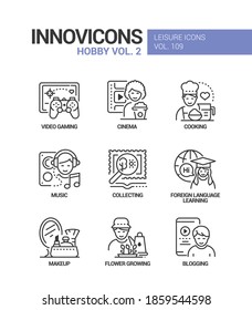 Hobby and activities - line design style icons set. Education and leisure idea. Video gaming, cinema, cooking, music, collecting, foreign language learning, makeup, flower growing, blogging images