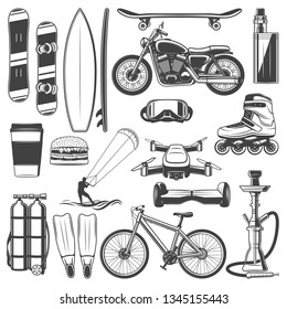 Hobby Activities And Sport Recreation Icons. Vector Snowboard And Surfboard, Skateboard And Vape. Motorcycle And Game, Roller And Videography, Hoverboard And Scuba Diving, Bicycle And Hookah