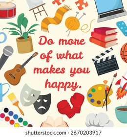 Hobby or afterschool activity card featuring sport music cooking theatre and science elements in creative flat design style