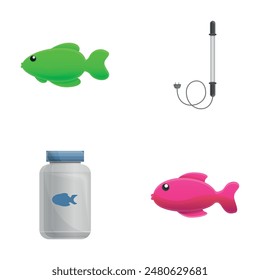 Hobby aquarium icons set cartoon vector. Aquarium decoration and equipment. Occupation