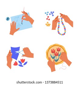 Hobby and art hands handicraft painting cutting embroidery and beads vector isolated icons paintbrush and paint bijoutery creation postcard creation human palms threads and paper sheet leisure