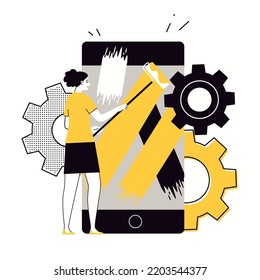 Hobby, art studio, workshop. Graphic designer works with color palette by drawing strokes on smartphone screen in mobile application. Character of talented person, inspiration for creative ideas.