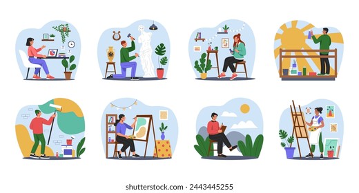 Hobby artist. Creative art job. People creating masterpieces. Culture activity. Artistic craft occupation. Painter with brush easel. Woman painting ceramics. Man sculpting statue. Vector artisans set