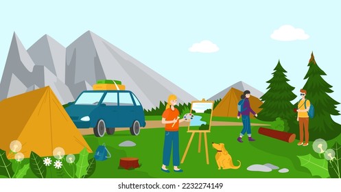 Hobby artist paint natural landscape forest place, character girl painter sketch outdoor national park flat vector illustration.