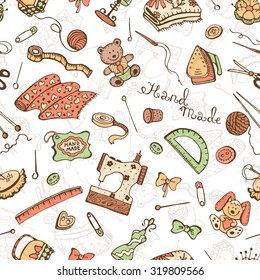 Hobby background. Crafting tools pattern. Handmade items seamless pattern.