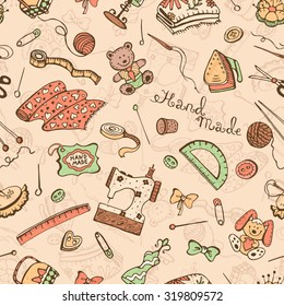 Hobby background. Crafting tools pattern. Handmade items seamless pattern.