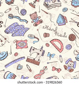 Hobby background. Crafting tools pattern. Handmade items seamless pattern.