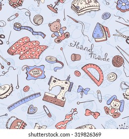 Hobby background. Crafting tools pattern. Handmade items seamless pattern.