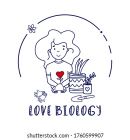 Hobby biology class for kids doodle illustration. Cute little girl holds plant with red heart. Vector illustration. 