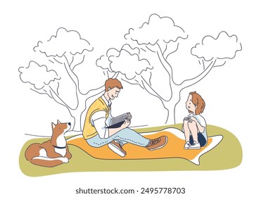 Hobby del ratón de biblioteca. Hombre leyendo un libro al aire libre. Amor por la lectura y la literatura. Familia pasando tiempo juntos en la naturaleza. Pasatiempo y ocio. Ilustración vectorial lineal aislada sobre fondo blanco