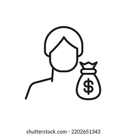 Hobby, business, profession of man. Modern vector outline symbol in flat style with black thin line. Monochrome icon of money bag by anonymous male 