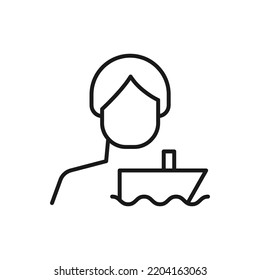 Hobby, business, profession of man. Modern vector outline symbol in flat style with black thin line. Monochrome icon of cargo ship by anonymous male 